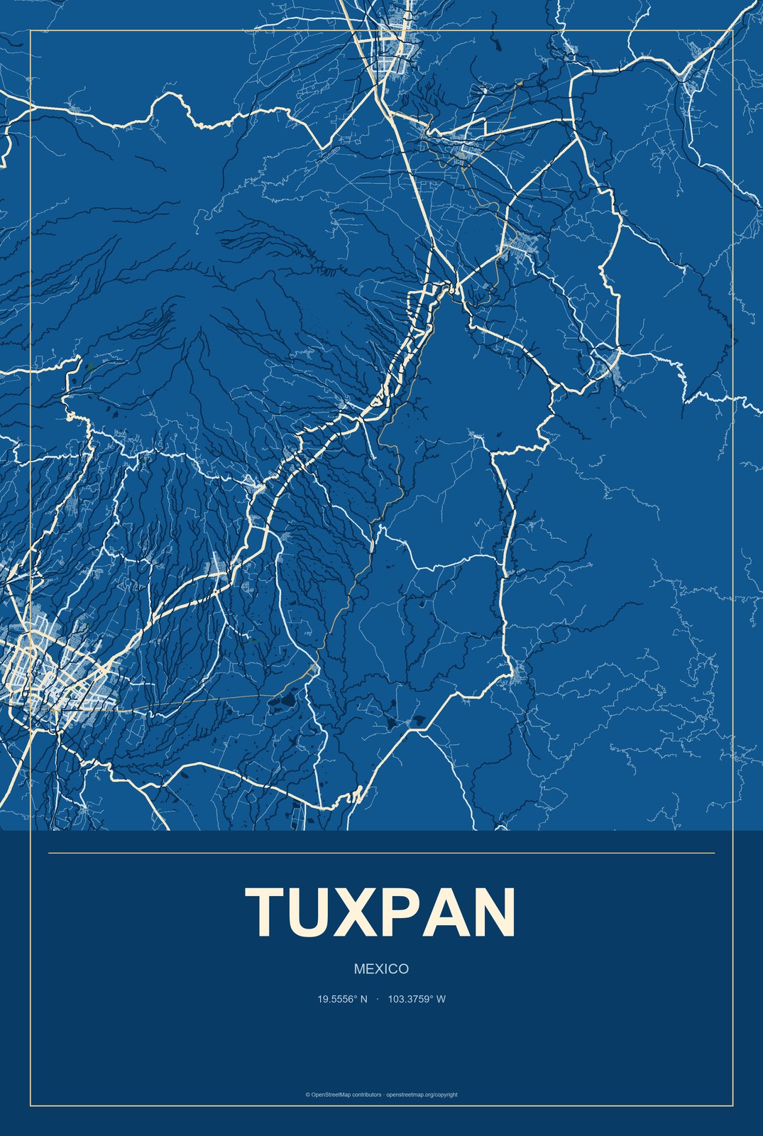 Tuxpan, Jalisco, Mexico City Map Aluminum Sign in Harbor Cobalt style