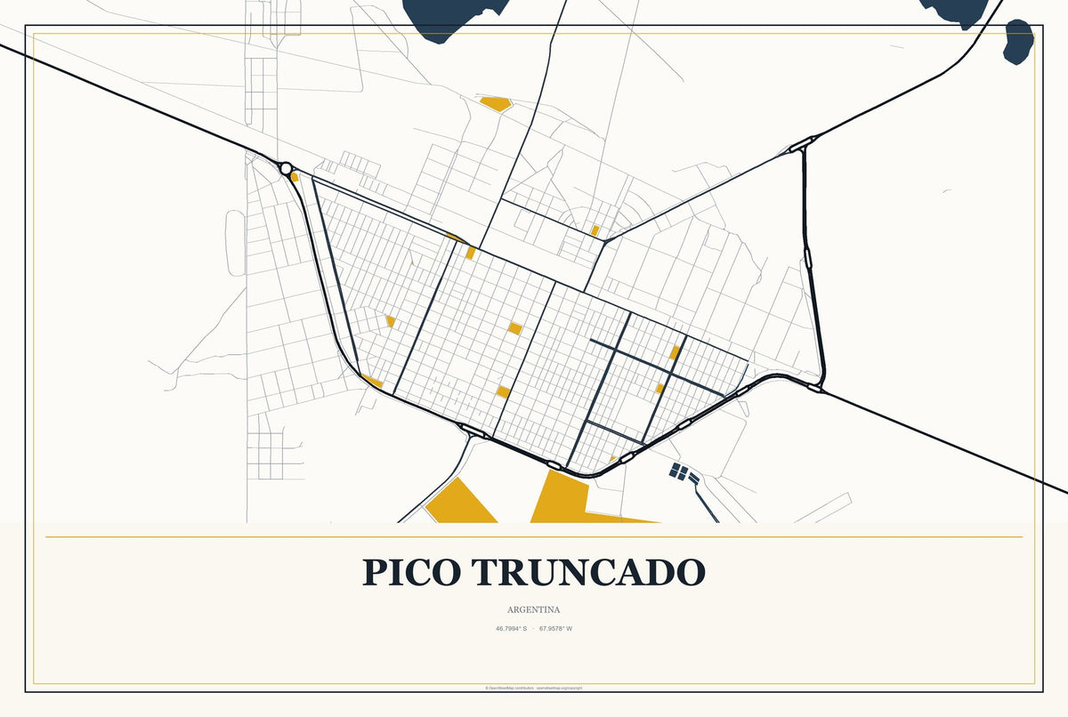 Pico Truncado, Argentina City Map Aluminum Sign in Citrine Modern style