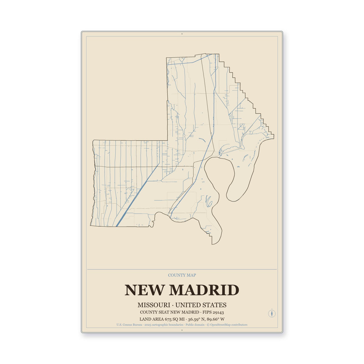 New Madrid County, Missouri Map Aluminum Sign in Heritage Nautical style