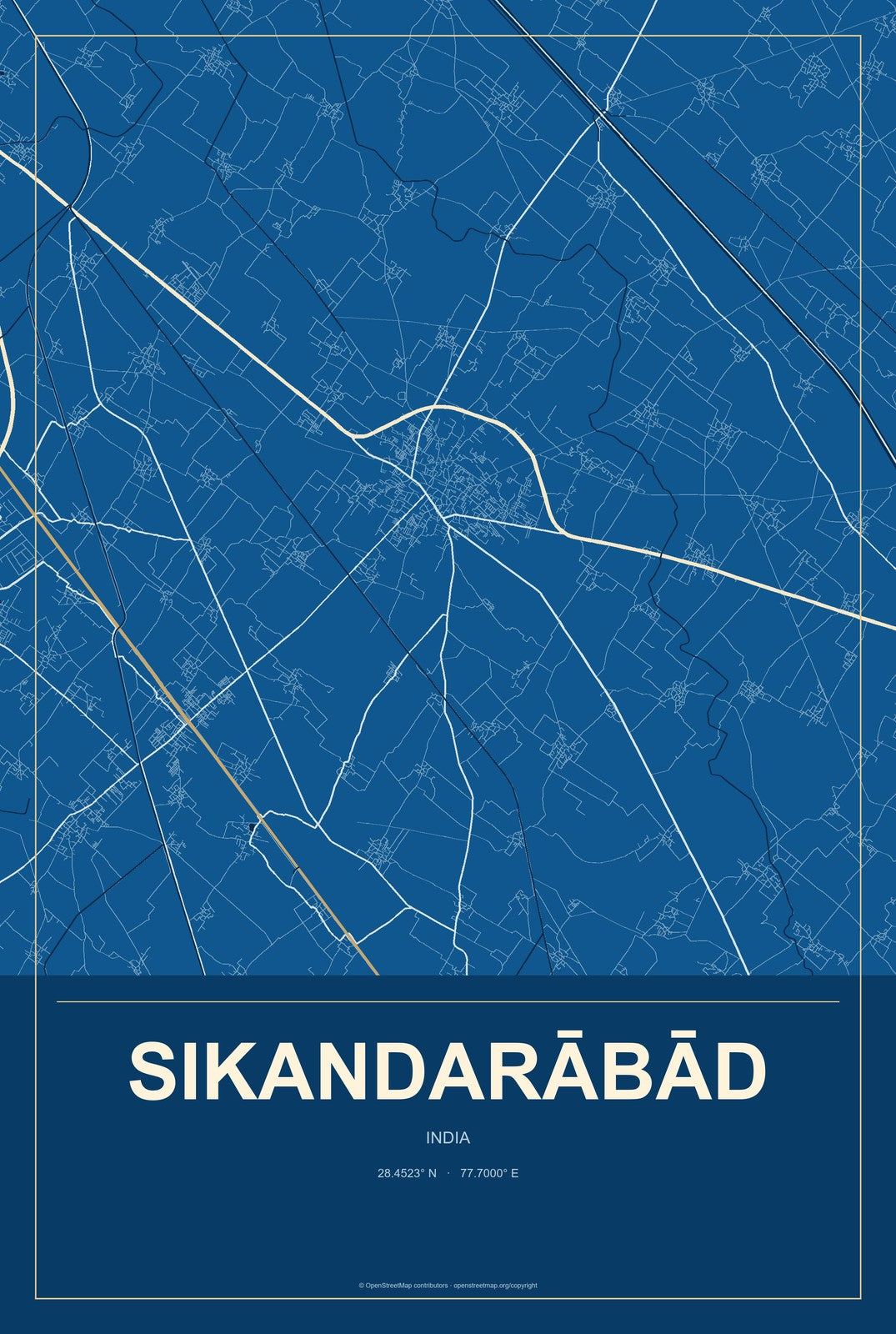 Sikandarābād, India City Map Aluminum Sign in Harbor Cobalt style