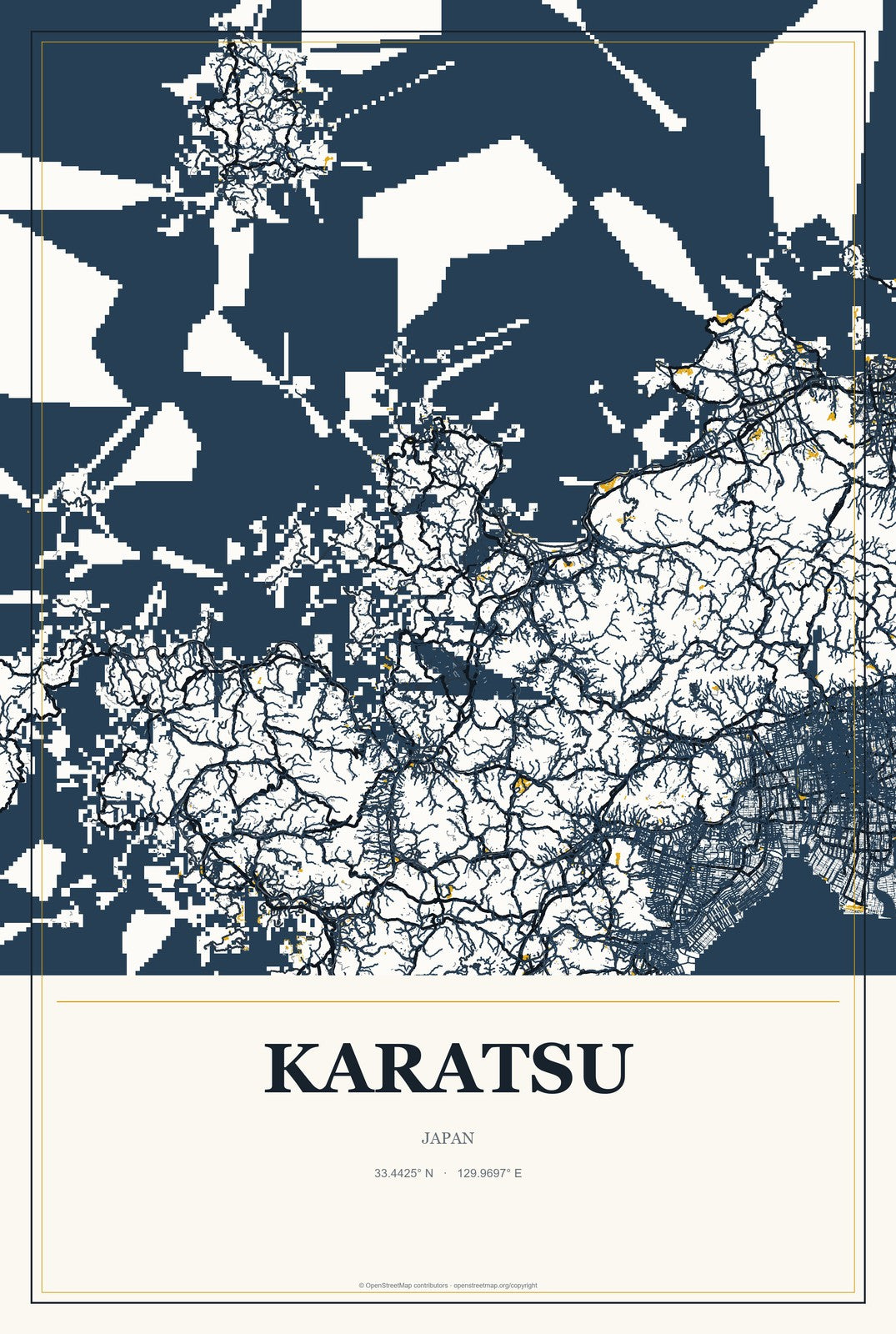 Karatsu, Japan City Map Aluminum Sign in Citrine Modern style