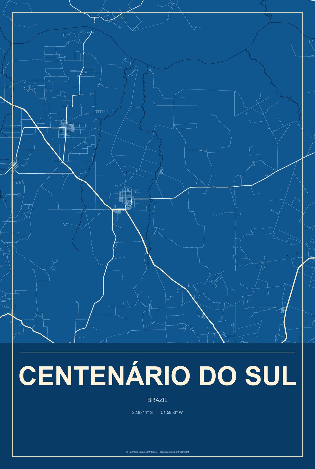 Centenário do Sul, Brazil City Map Aluminum Sign in Harbor Cobalt style