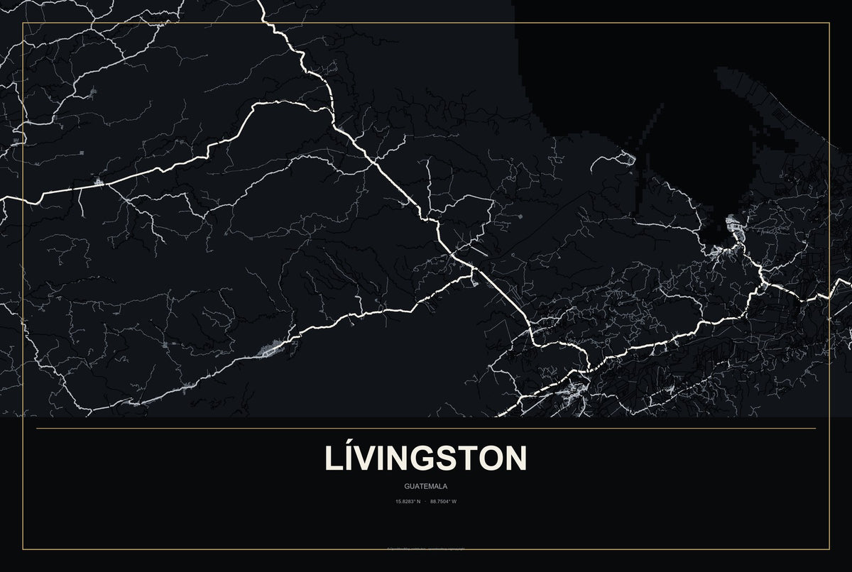 Lívingston, Guatemala City Map Aluminum Sign in Metropolitan Noir style