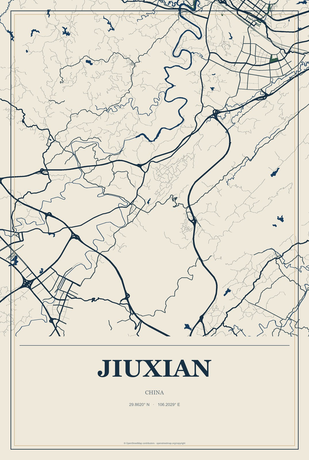 Jiuxian, China City Map Aluminum Sign in Coastal Cutout style