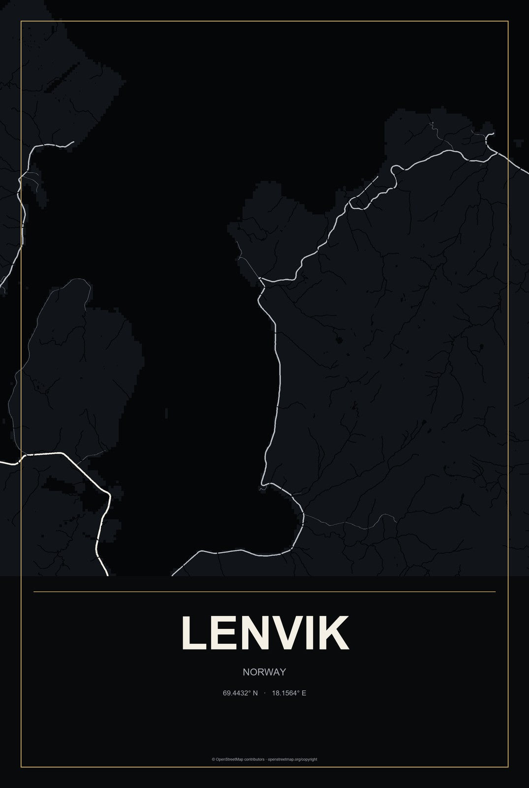 Lenvik, Norway City Map Aluminum Sign in Metropolitan Noir style
