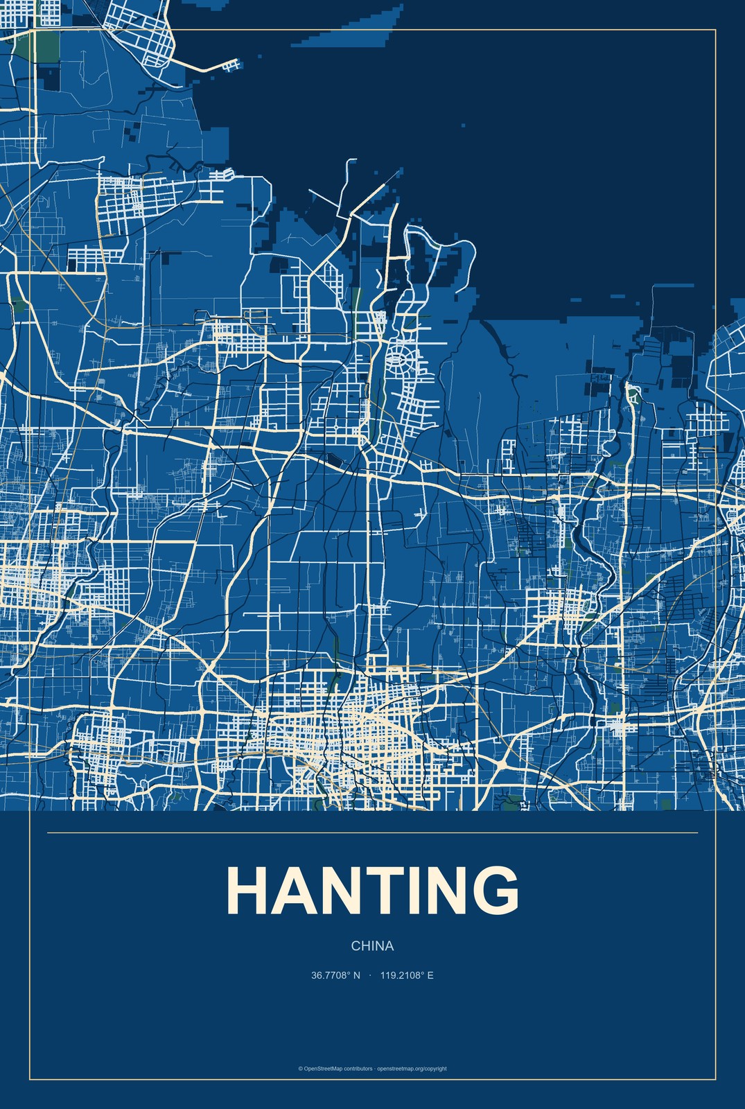 Hanting, China City Map Aluminum Sign in Harbor Cobalt style