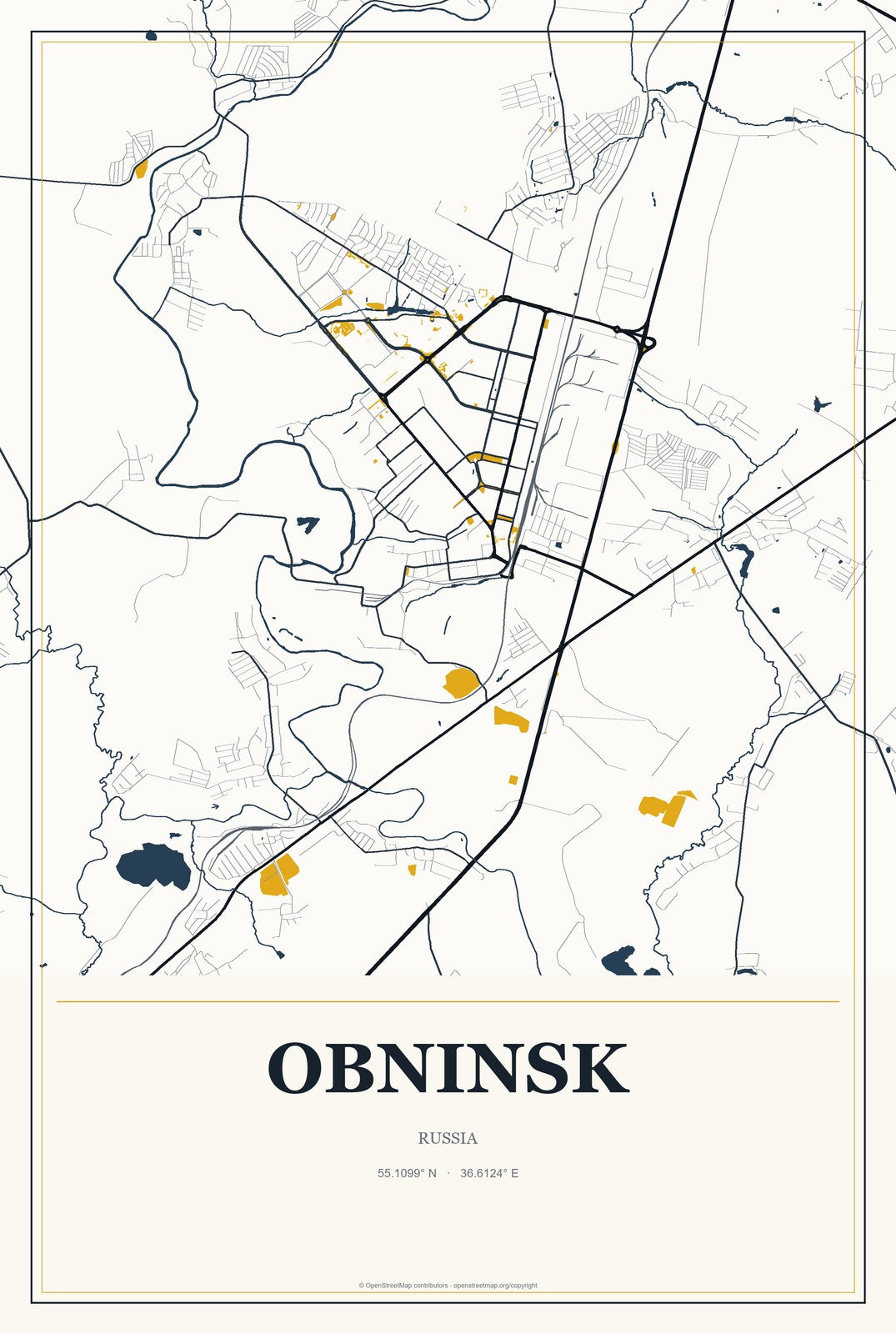 Obninsk, Russia City Map Aluminum Sign in Citrine Modern style