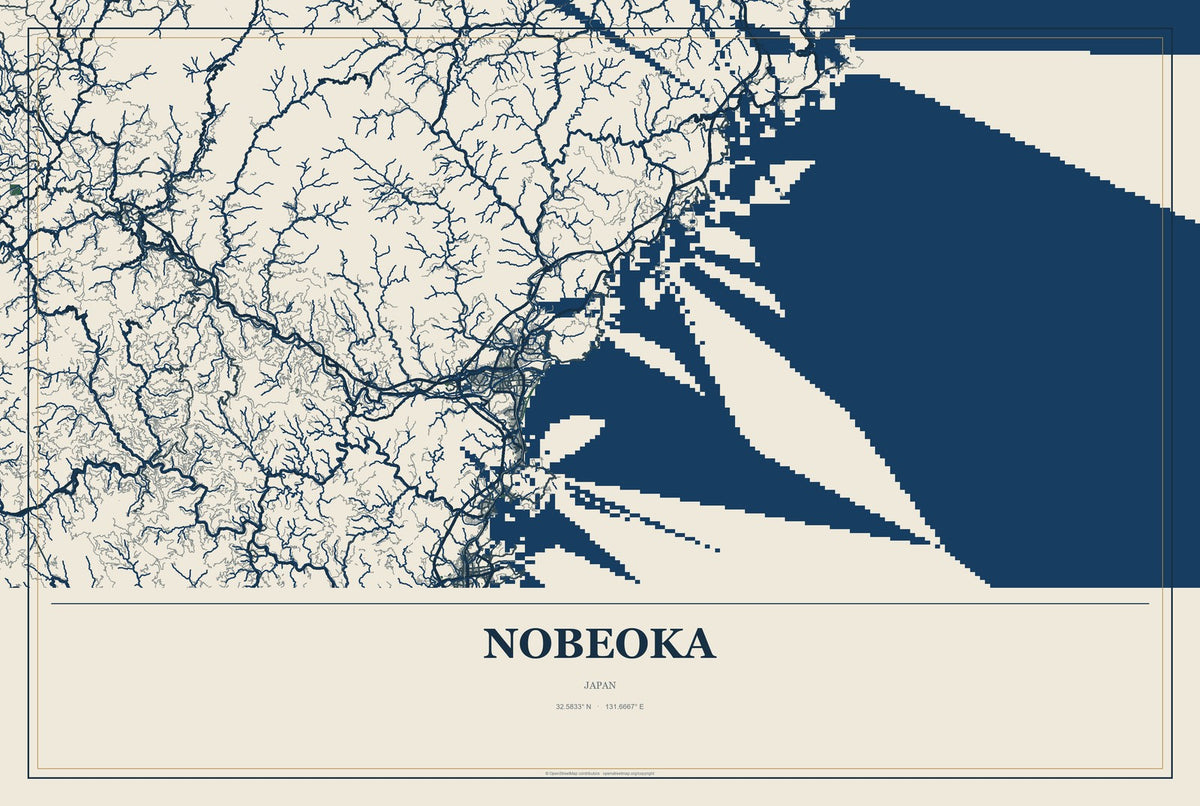 Nobeoka, Japan City Map Aluminum Sign in Coastal Cutout style