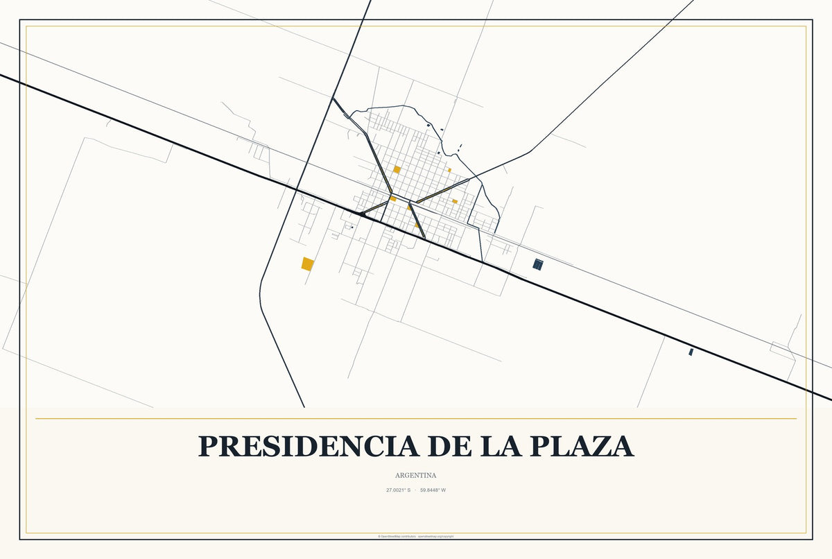 Presidencia de la Plaza, Argentina City Map Aluminum Sign in Citrine Modern style