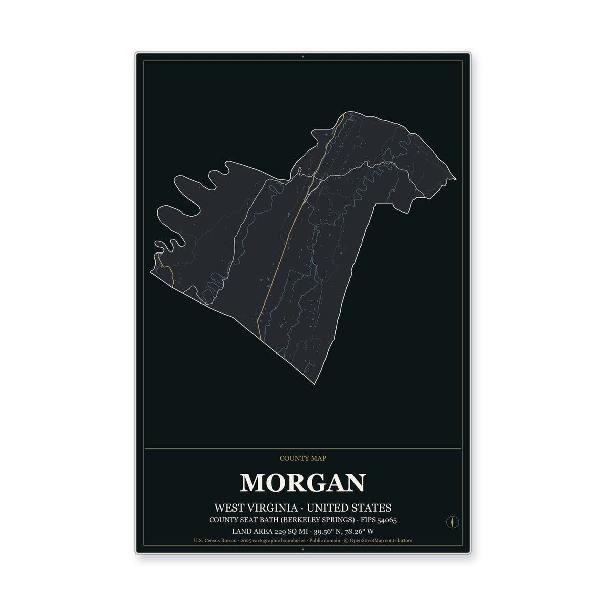 Morgan County, West Virginia Map Aluminum Sign in Metropolitan Noir style
