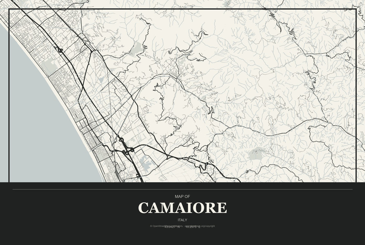 Camaiore, Italy City Map Aluminum Sign in Museum Plaque style