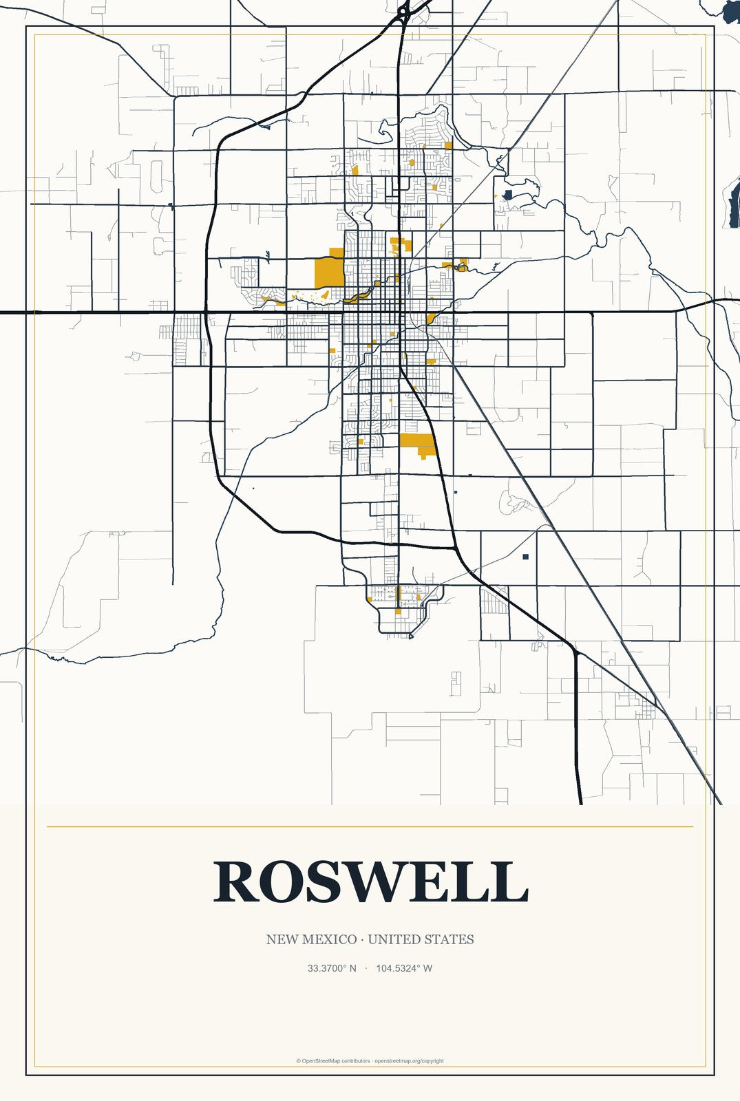 Roswell, New Mexico City Map Aluminum Sign in Citrine Modern style