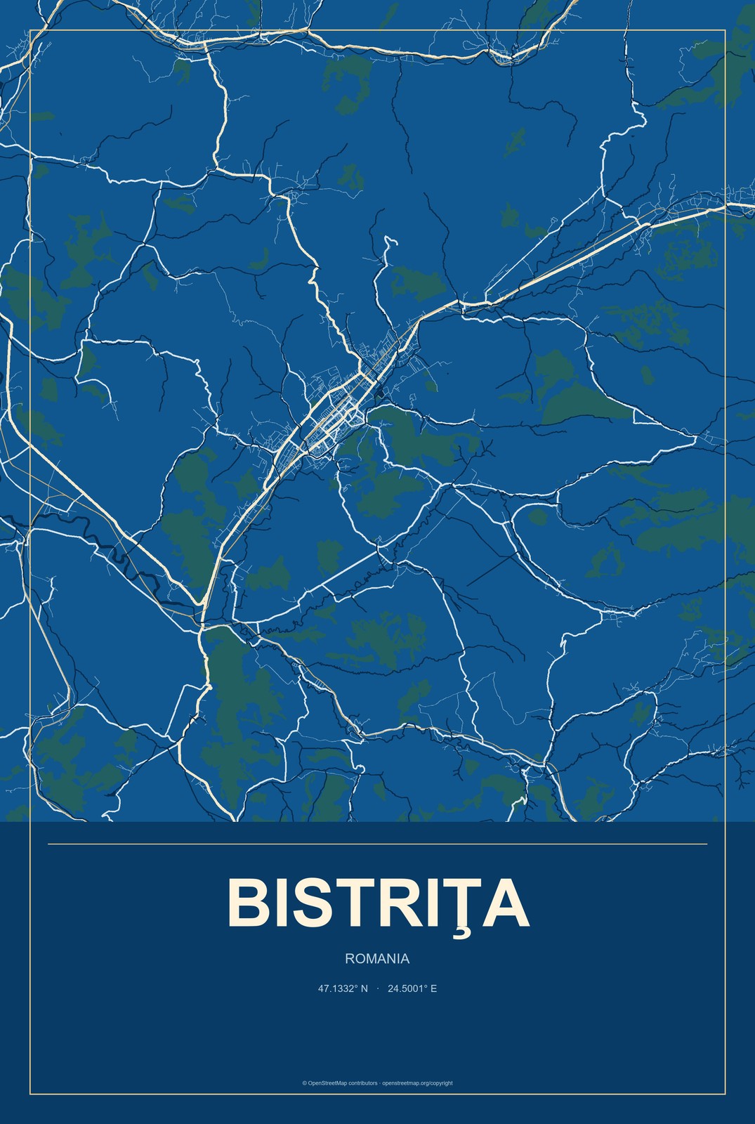 Bistriţa, Romania City Map Aluminum Sign in Harbor Cobalt style