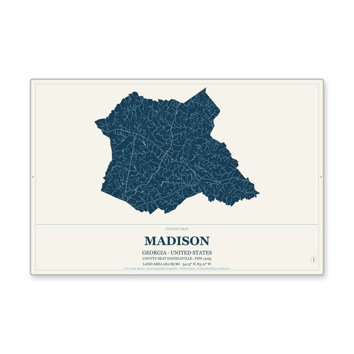 Madison County, Georgia Map Aluminum Sign in Coastal Cutout style