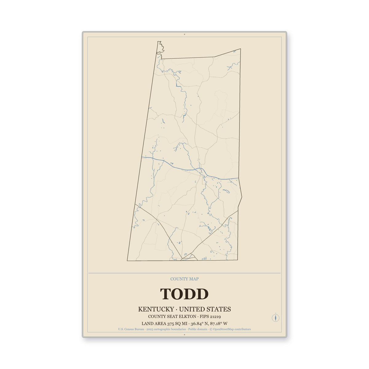 Todd County, Kentucky Map Aluminum Sign in Heritage Nautical style