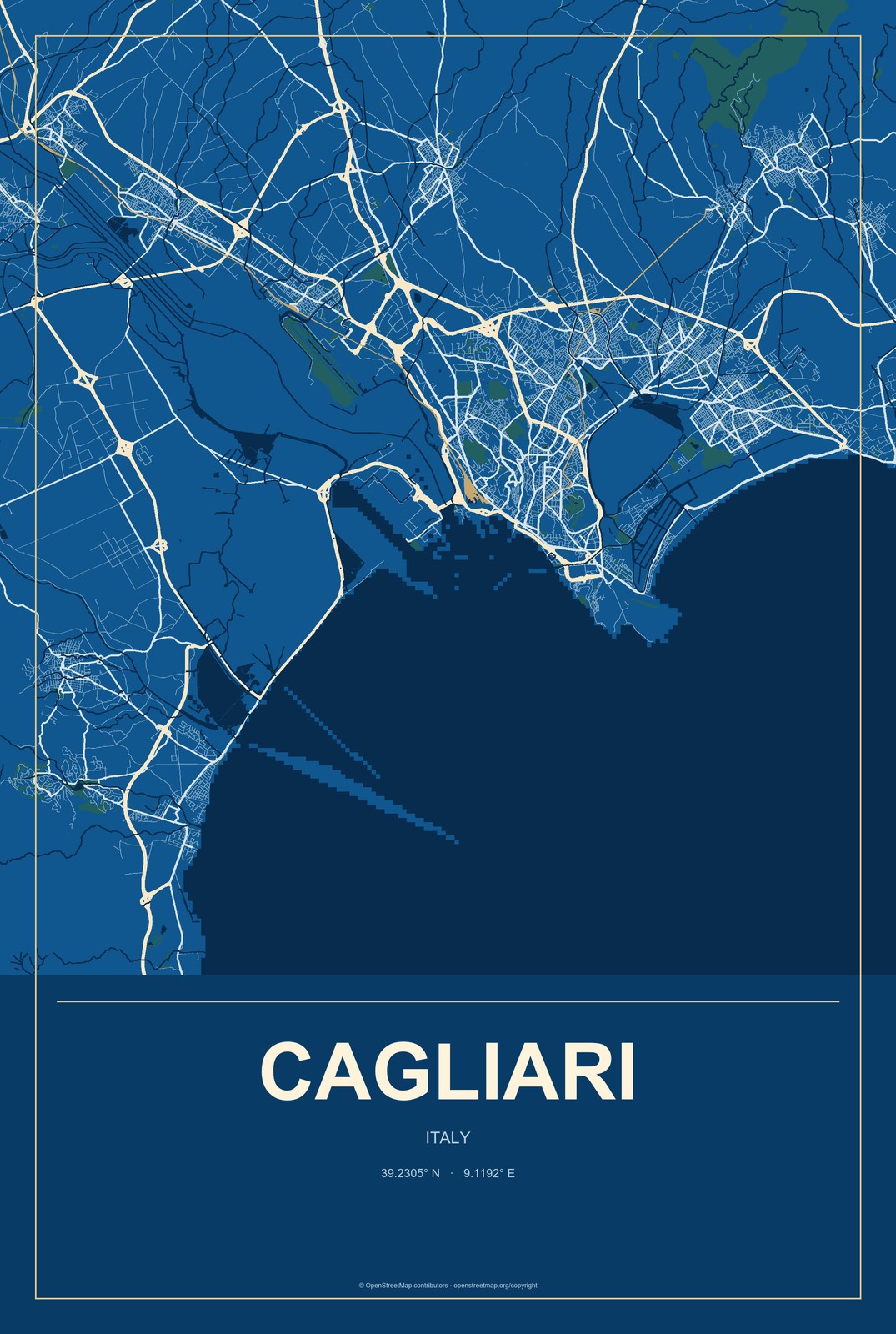 Cagliari, Italy City Map Aluminum Sign in Harbor Cobalt style