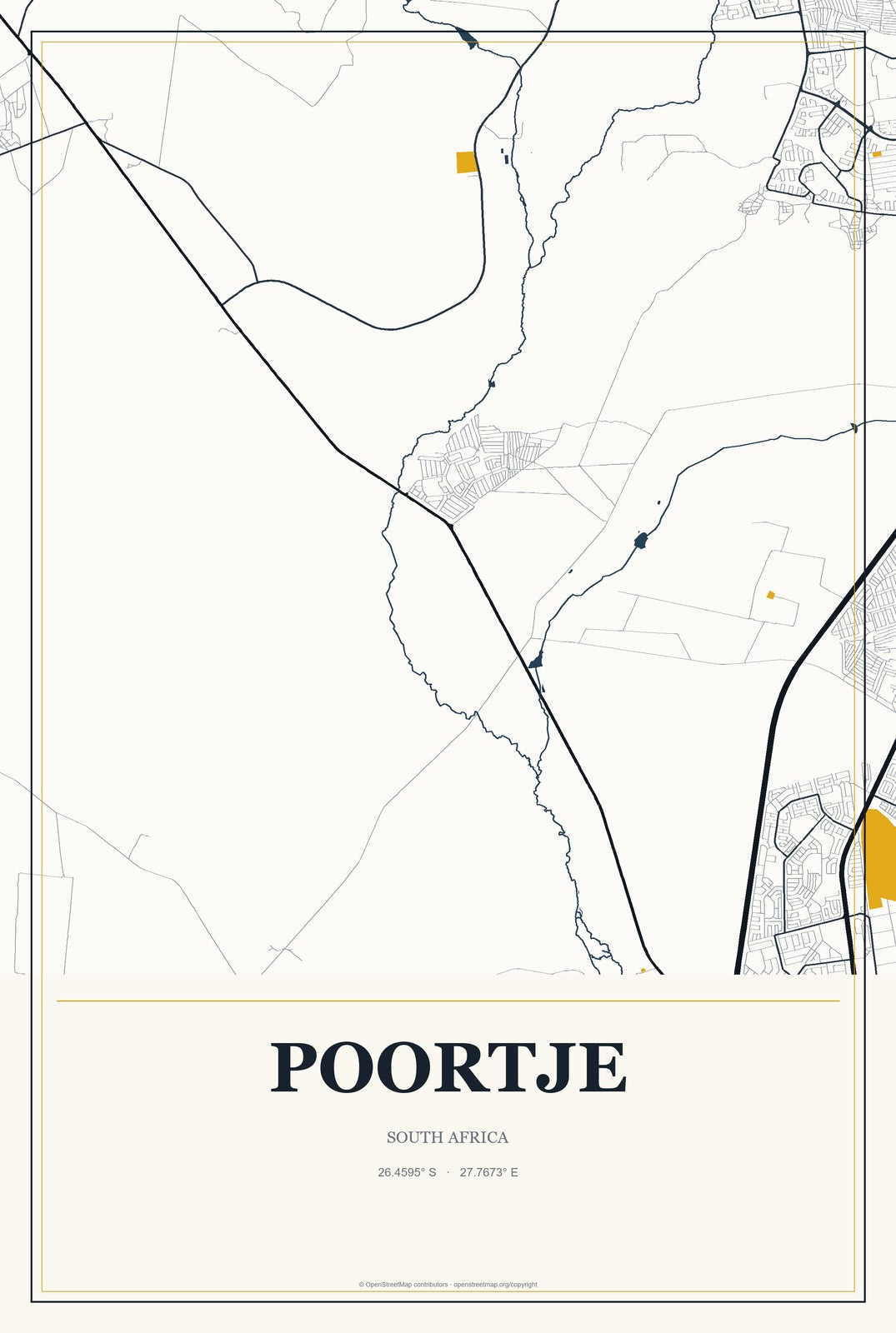 Poortje, South Africa City Map Aluminum Sign in Citrine Modern style