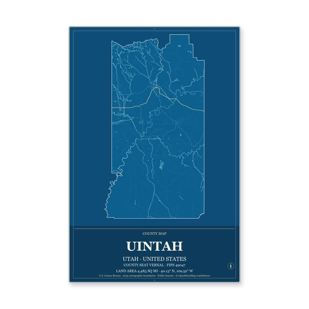 Uintah County, Utah Map Aluminum Sign in Harbor Cobalt style
