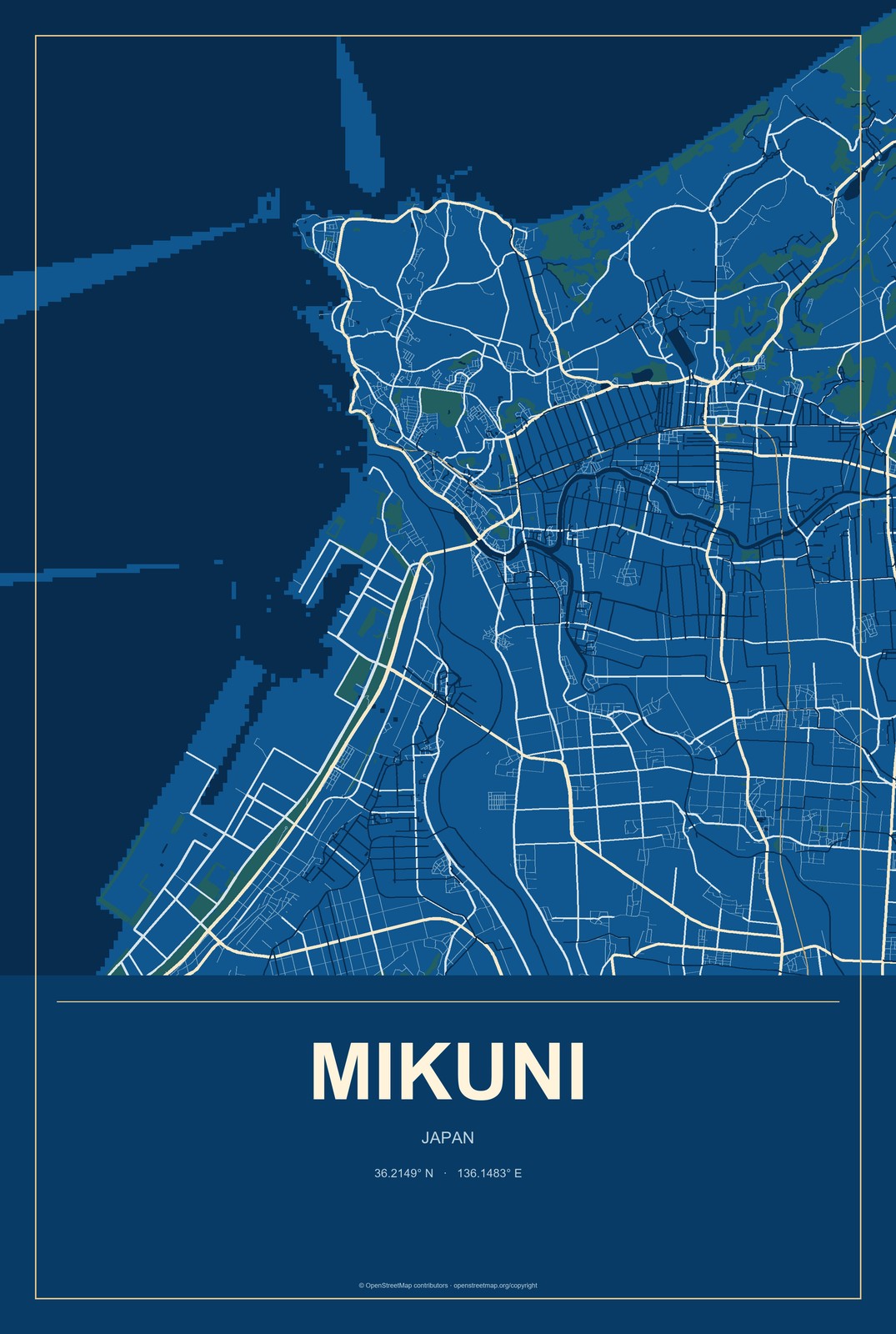 Mikuni, Japan City Map Aluminum Sign in Harbor Cobalt style