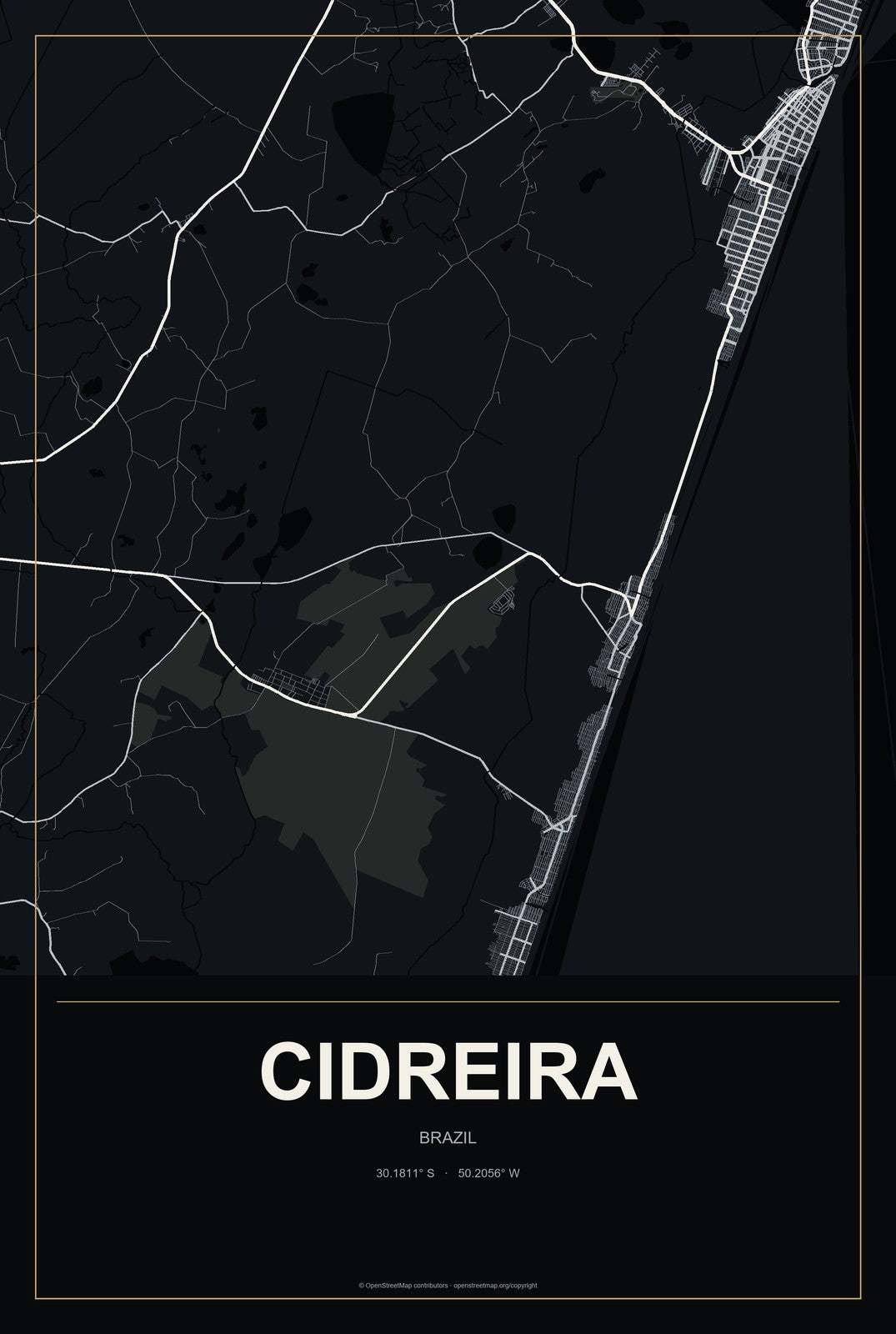 Cidreira, Brazil City Map Aluminum Sign in Metropolitan Noir style