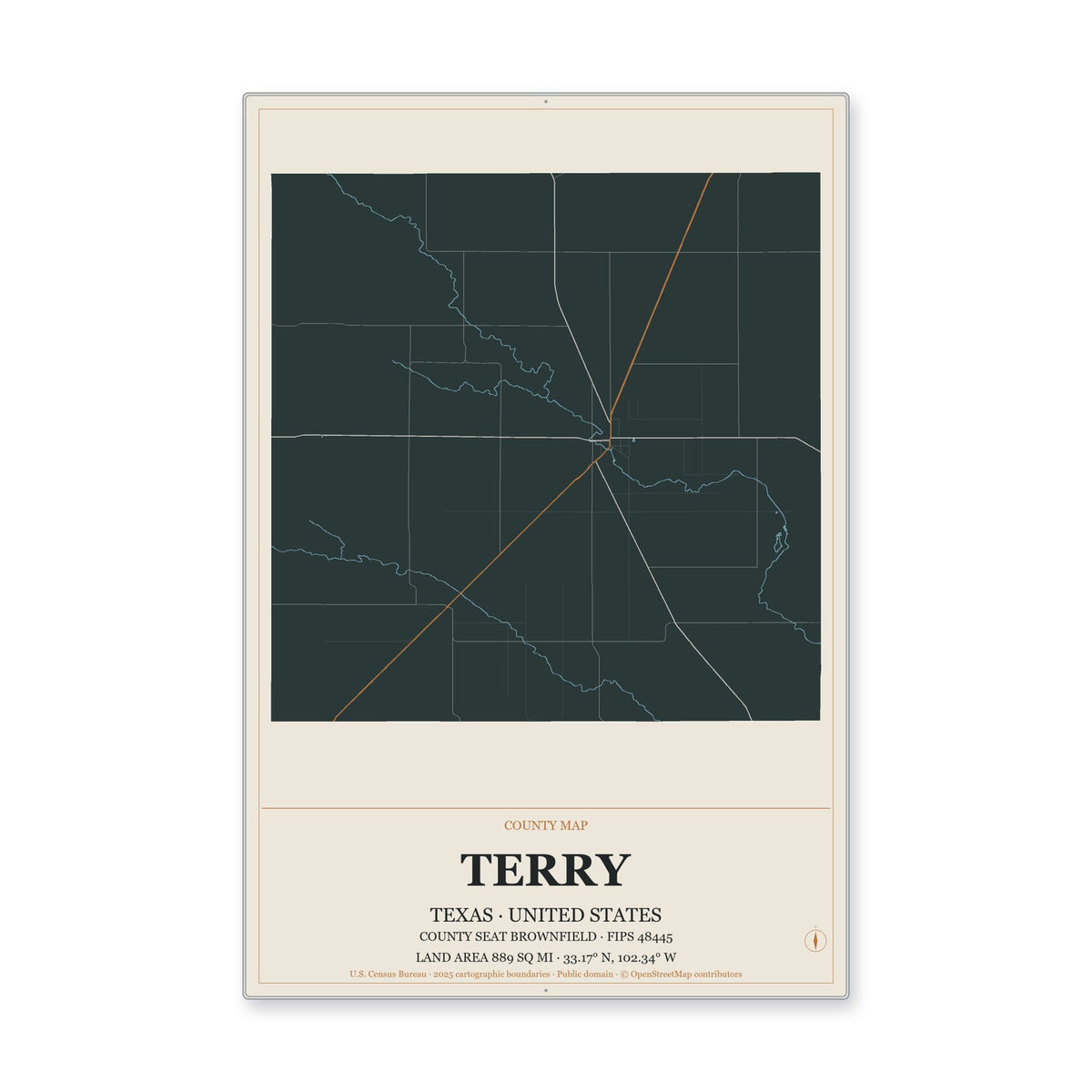 Terry County, Texas Map Aluminum Sign in Headline Atlas style