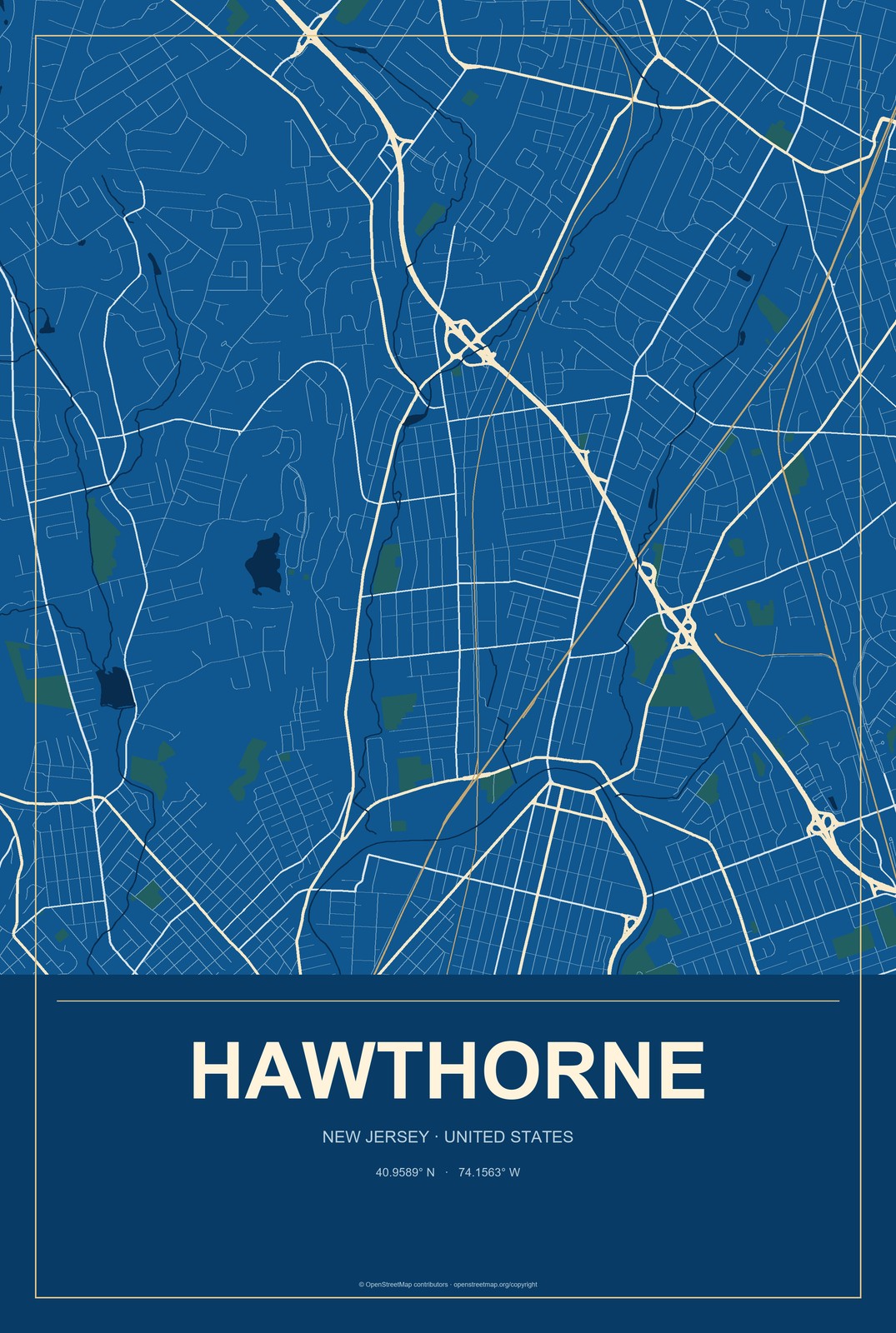 Hawthorne, New Jersey City Map Aluminum Sign in Harbor Cobalt style