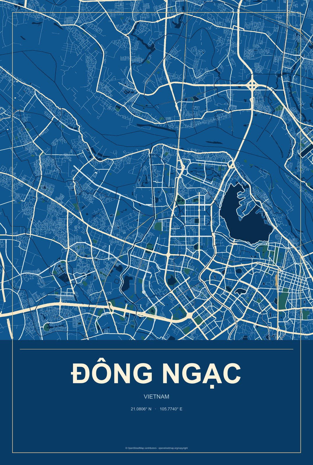 Đông Ngạc, Vietnam City Map Aluminum Sign in Harbor Cobalt style