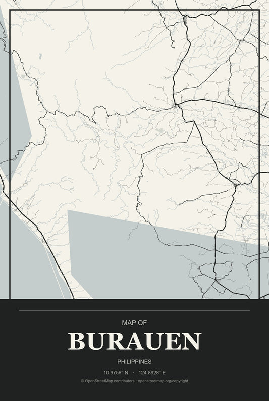 Burauen, Philippines City Map Aluminum Sign in Museum Plaque style