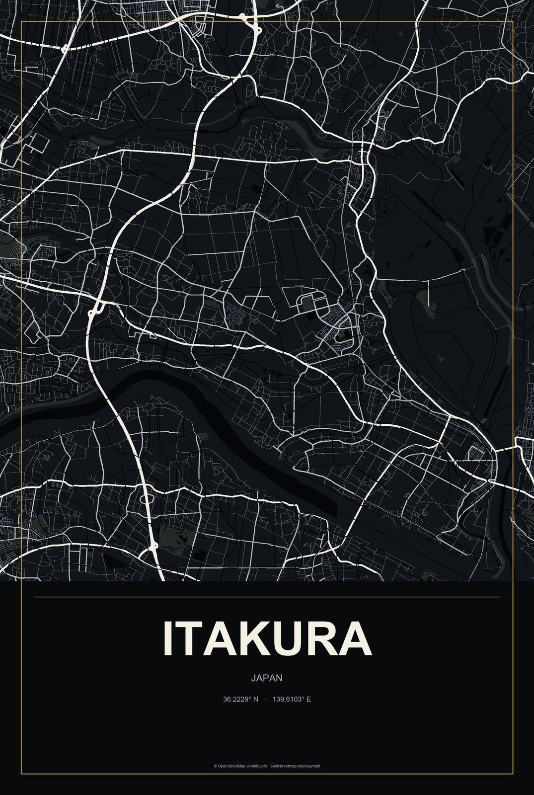 Itakura, Japan City Map Aluminum Sign in Metropolitan Noir style