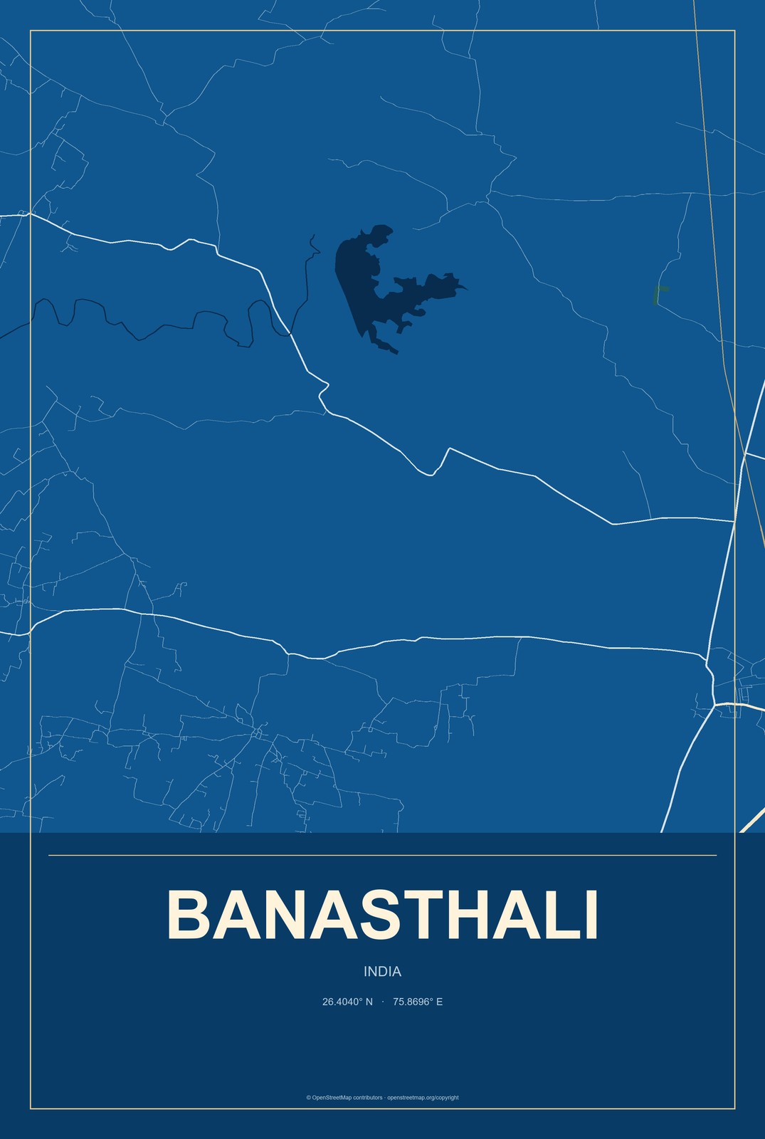 Banasthali, India City Map Aluminum Sign in Harbor Cobalt style