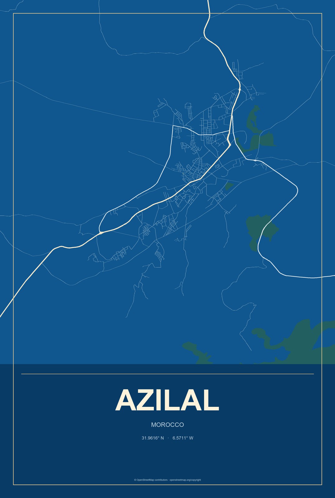 Azilal, Morocco City Map Aluminum Sign in Harbor Cobalt style