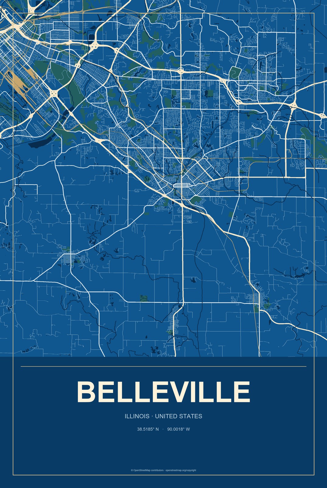Belleville, Illinois City Map Aluminum Sign in Harbor Cobalt style