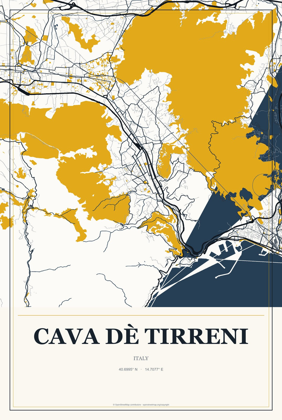 Cava Dè Tirreni, Italy City Map Aluminum Sign in Citrine Modern style