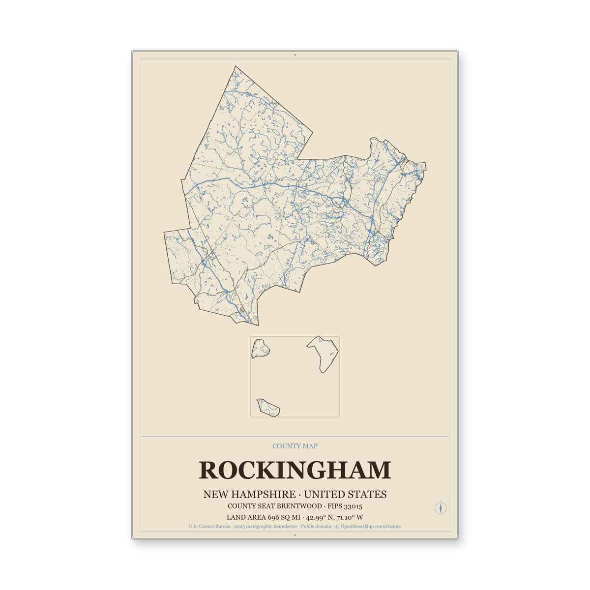 Rockingham County, New Hampshire Map Aluminum Sign in Heritage Nautical style