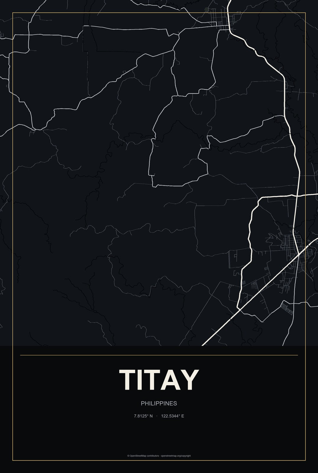 Titay, Philippines City Map Aluminum Sign in Metropolitan Noir style