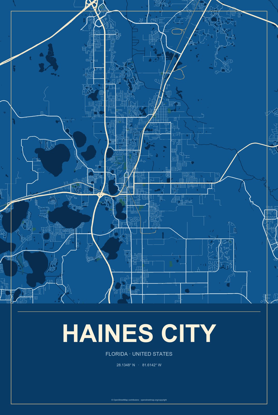 Haines City, Florida City Map Aluminum Sign in Harbor Cobalt style