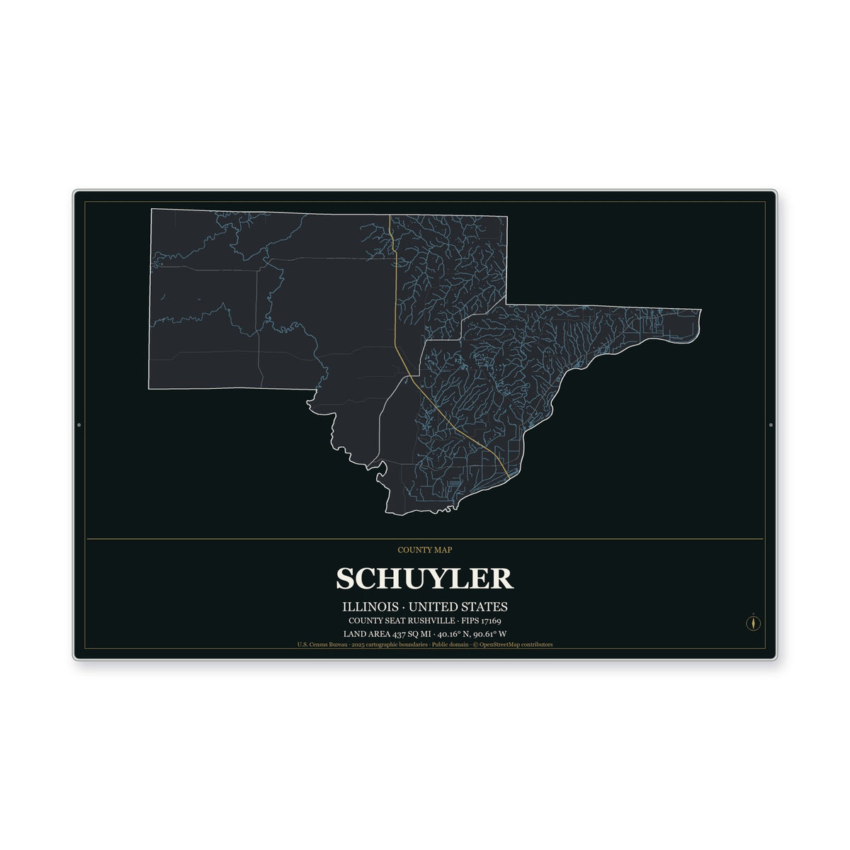 Schuyler County, Illinois Map Aluminum Sign in Metropolitan Noir style
