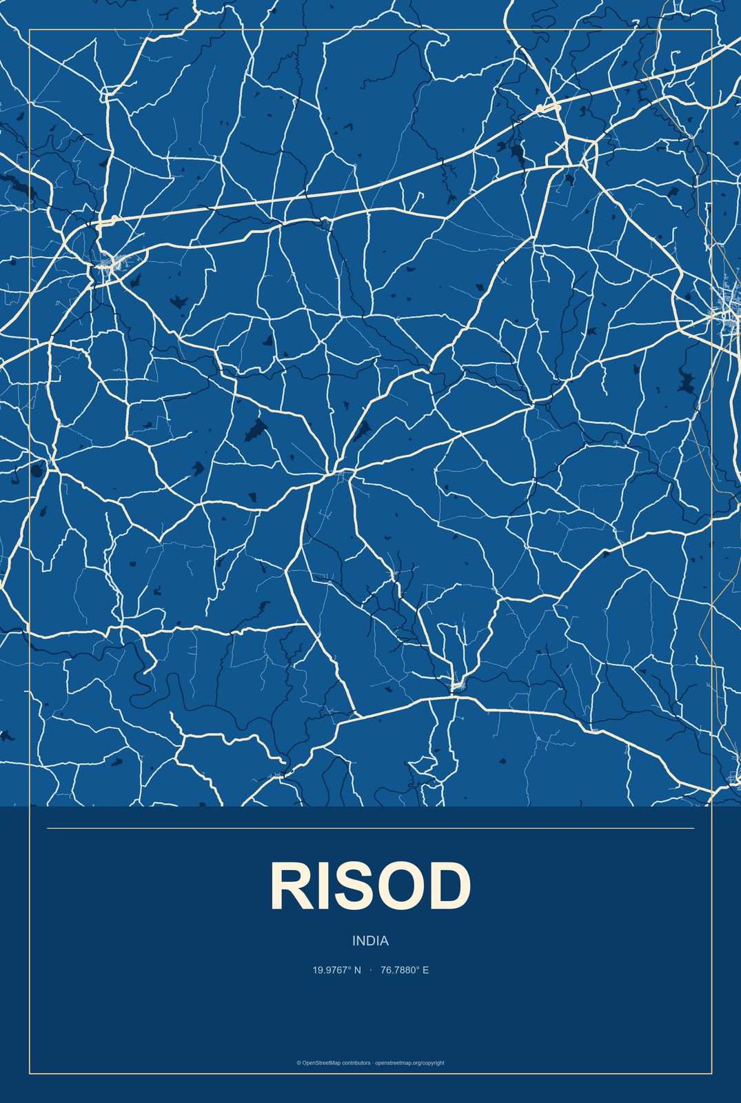 Risod, India City Map Aluminum Sign in Harbor Cobalt style