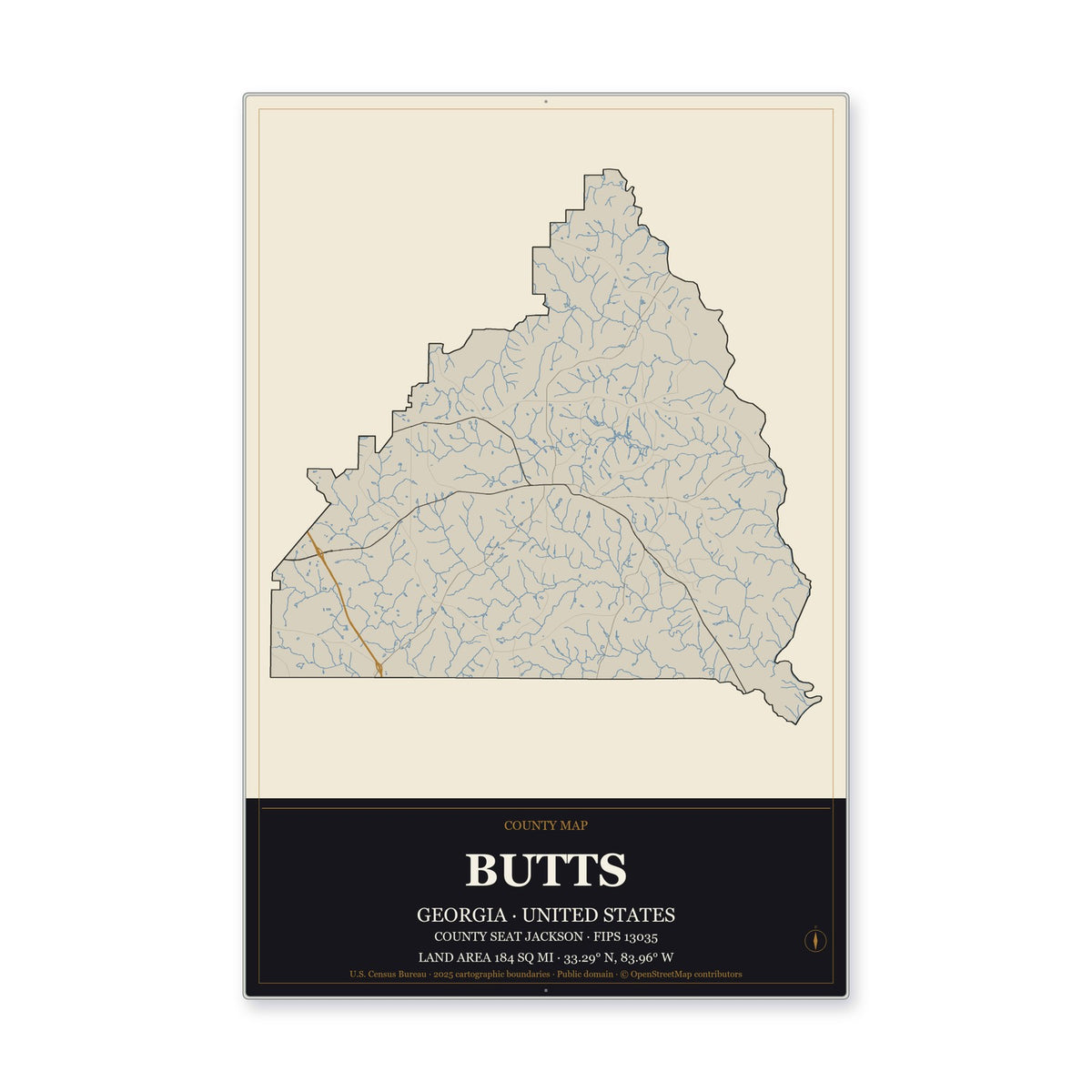 Butts County, Georgia Map Aluminum Sign in Museum Plaque style