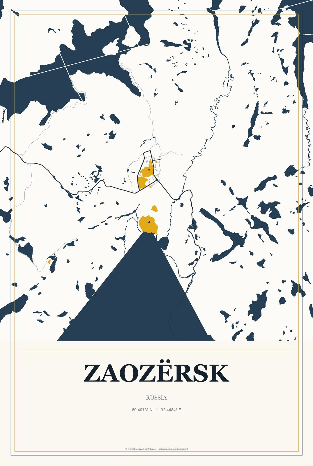 Zaozërsk, Russia City Map Aluminum Sign in Citrine Modern style