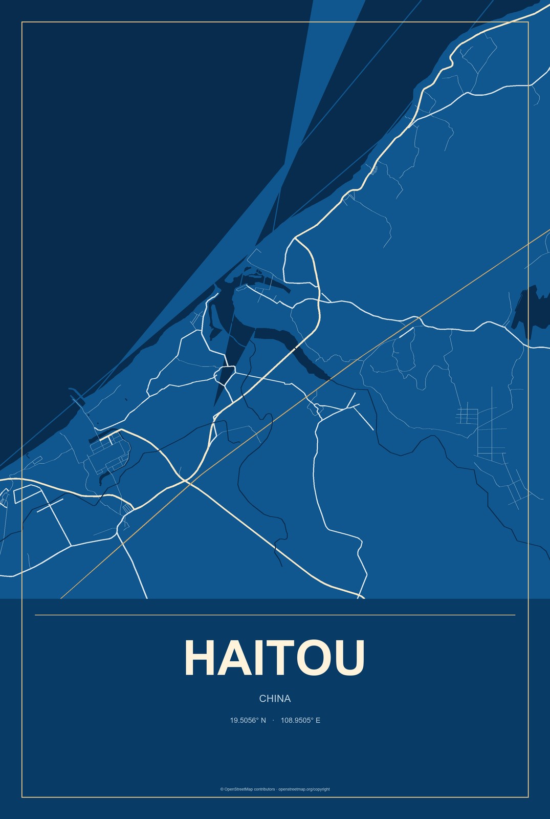 Haitou, China City Map Aluminum Sign in Harbor Cobalt style