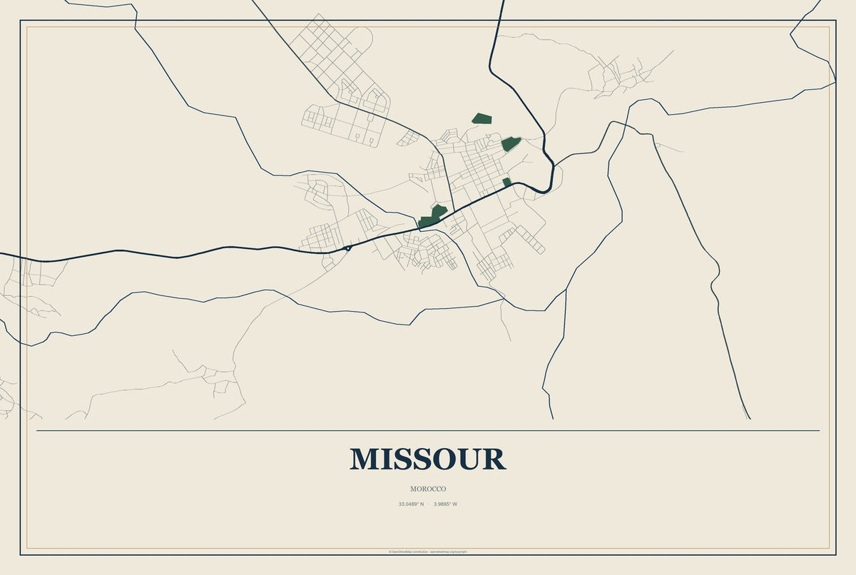 Missour, Morocco City Map Aluminum Sign in Coastal Cutout style