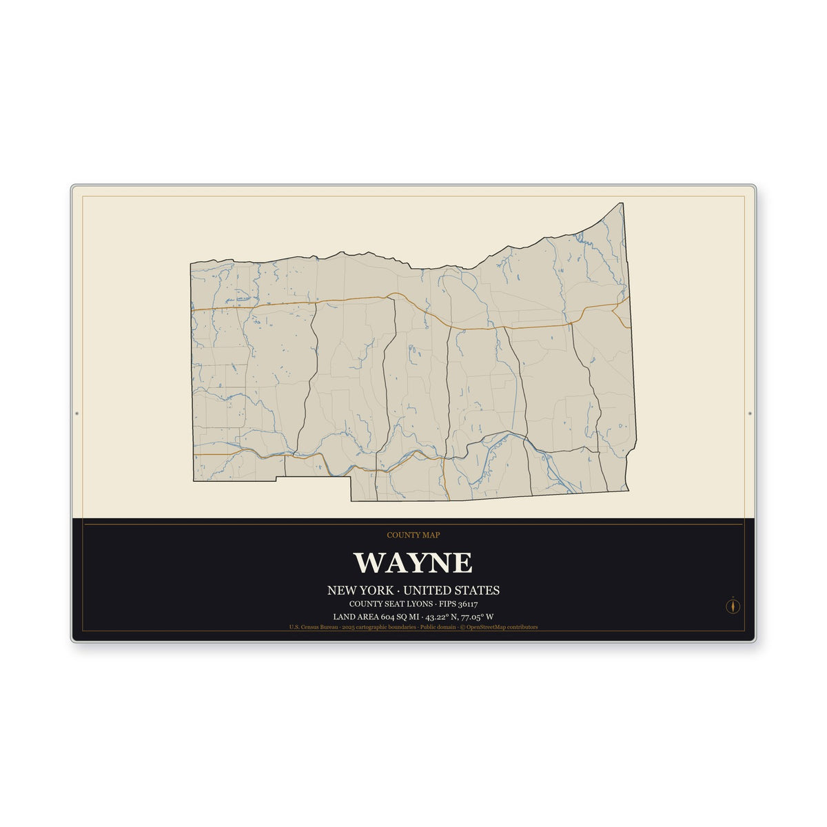 Wayne County, New York Map Aluminum Sign in Museum Plaque style