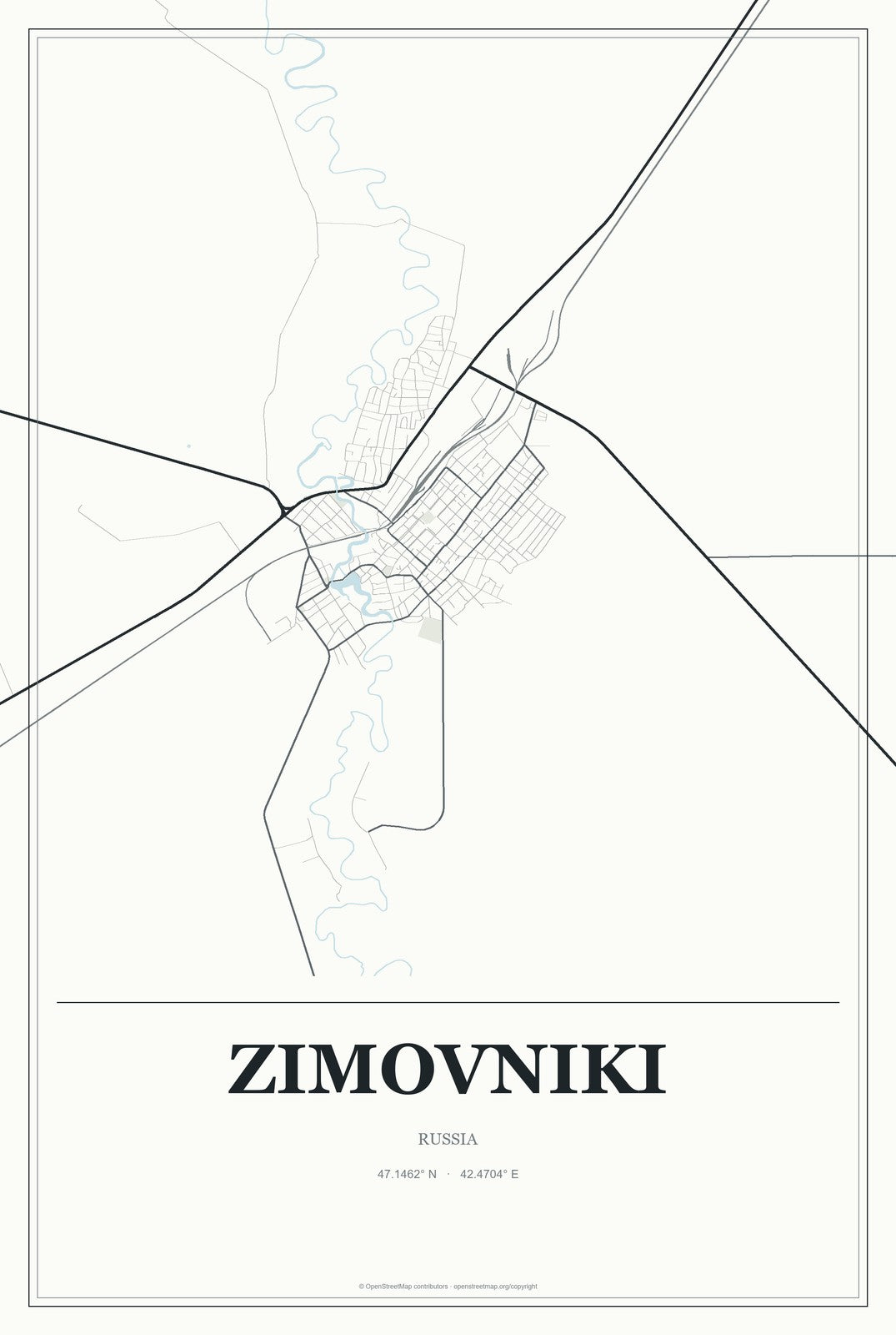 Zimovniki, Russia City Map Aluminum Sign in Gallery Air style