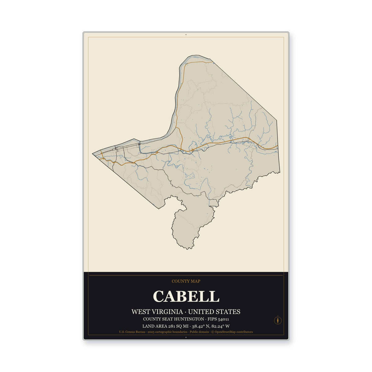Cabell County, West Virginia Map Aluminum Sign in Museum Plaque style