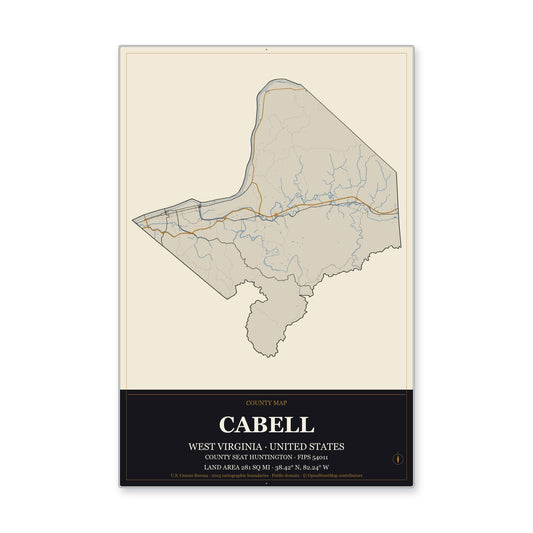 Cabell County, West Virginia Map Aluminum Sign in Museum Plaque style