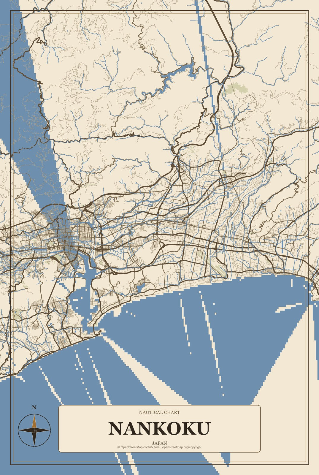 Nankoku, Japan City Map Aluminum Sign in Heritage Nautical style