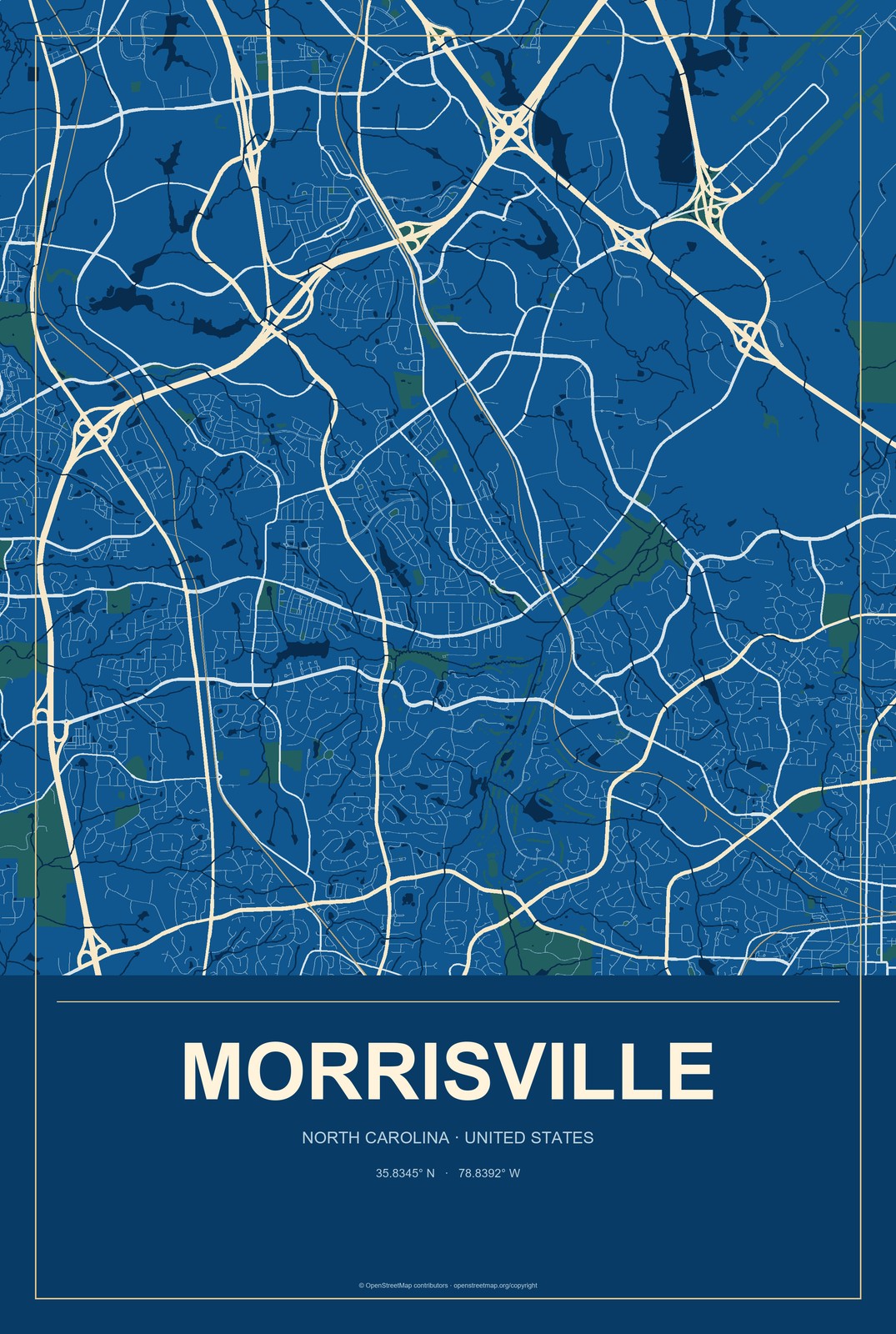 Morrisville, North Carolina City Map Aluminum Sign in Harbor Cobalt style