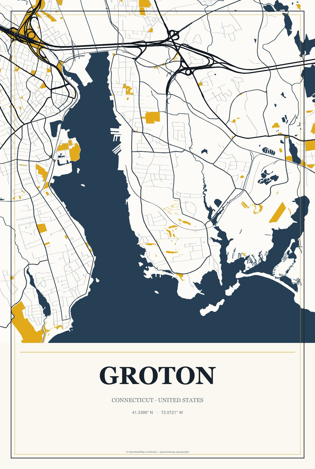 Groton, Connecticut City Map Aluminum Sign in Citrine Modern style