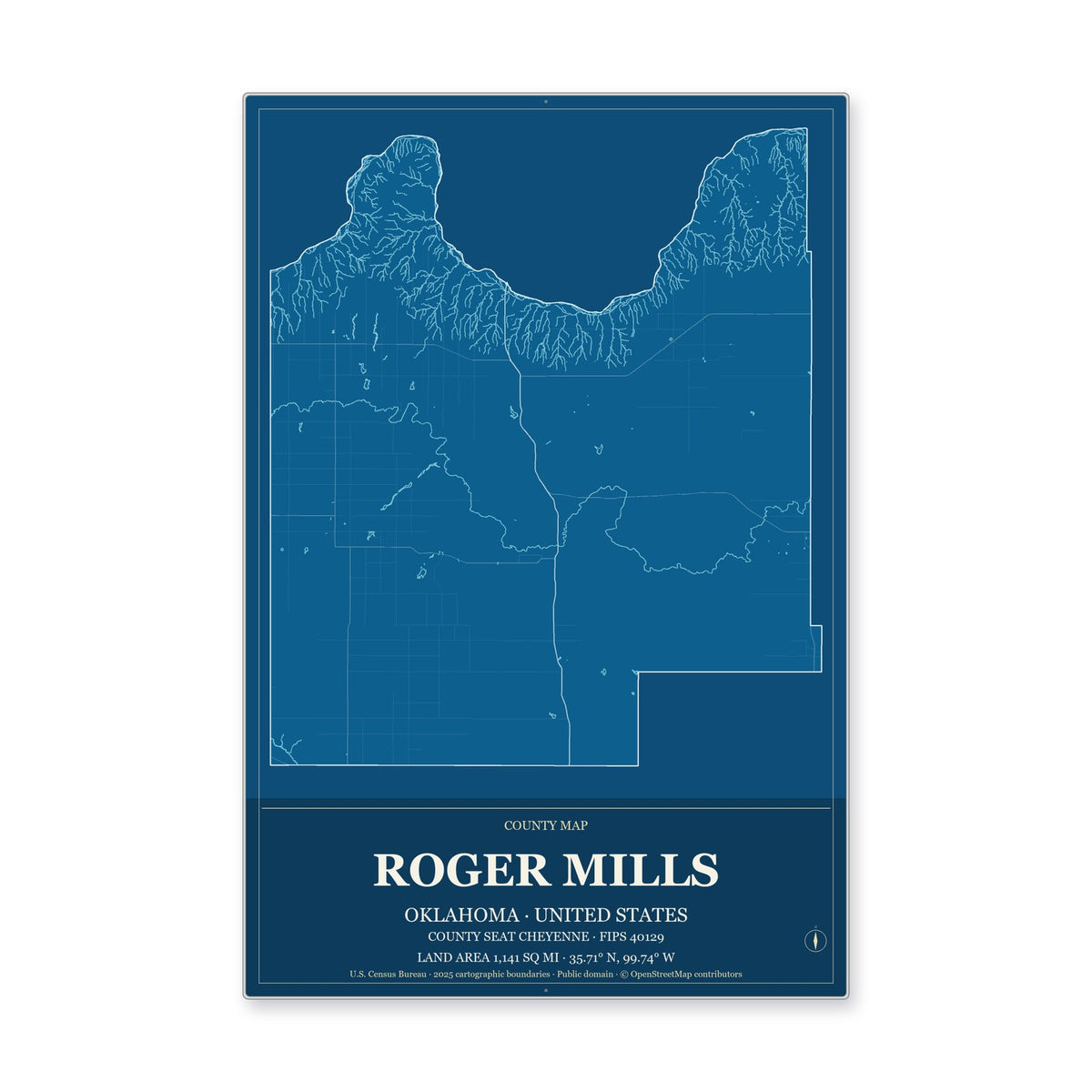 Roger Mills County, Oklahoma Map Aluminum Sign in Harbor Cobalt style